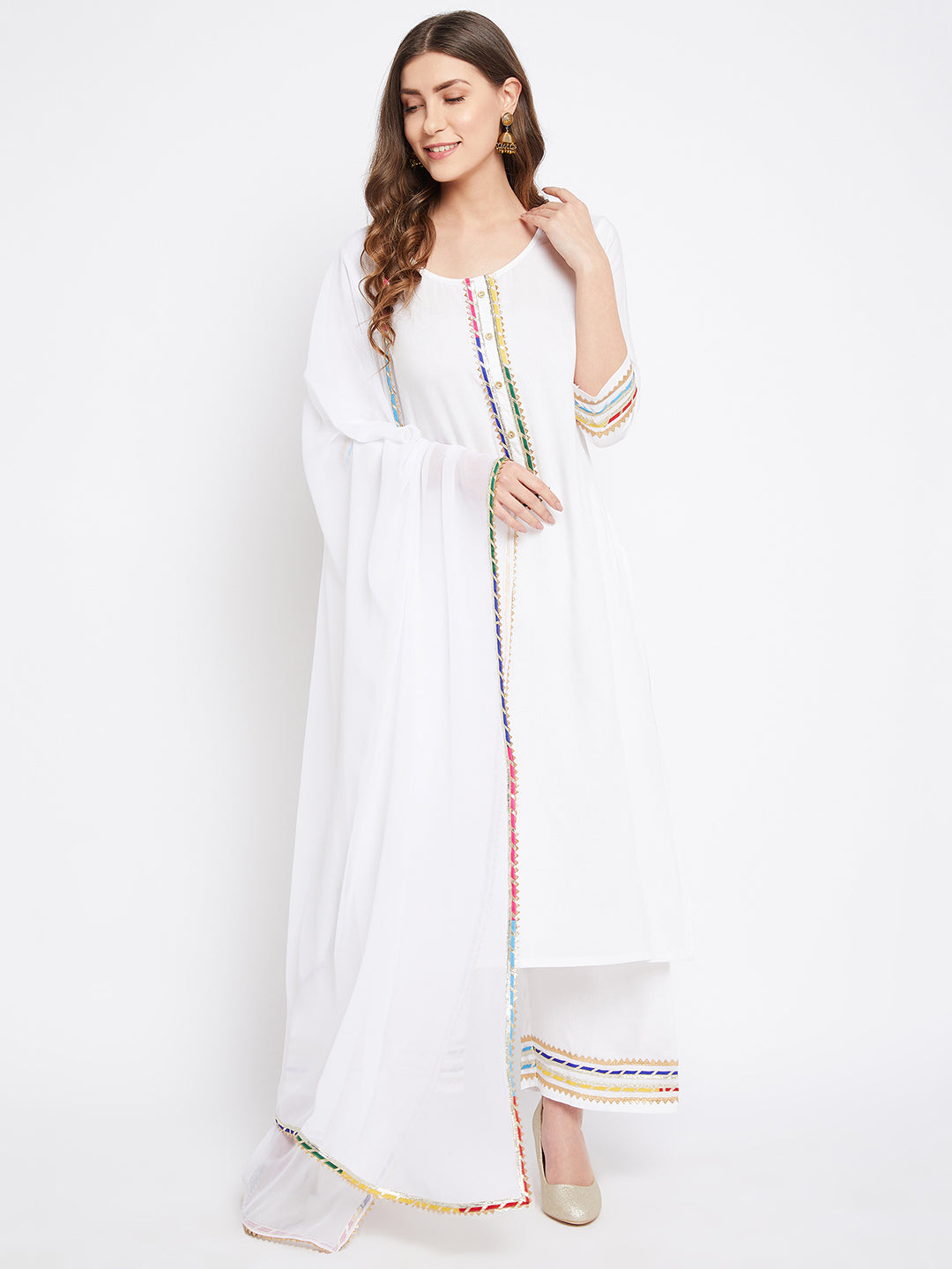Zari Border Kurta Palazzo Dupatta Set