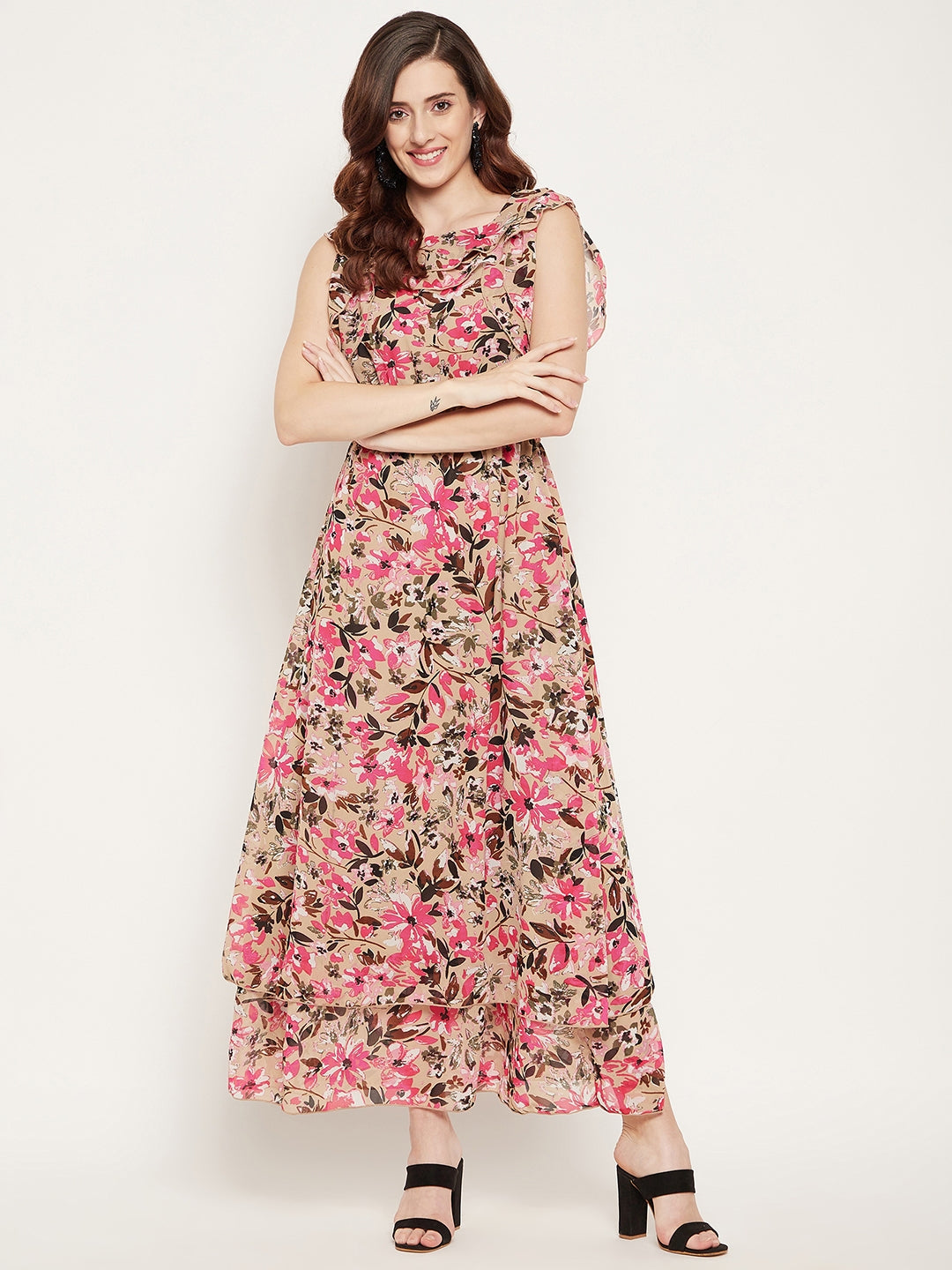 Brown Georgette Floral Printed Double Layered Maxi Dress