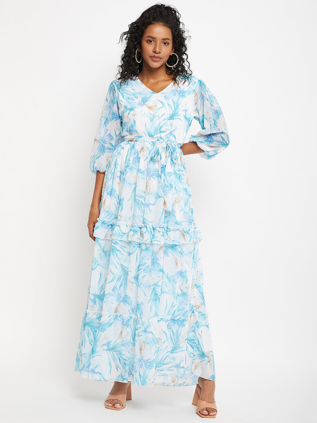 White & Blue Tropical Print Maxi Dress
