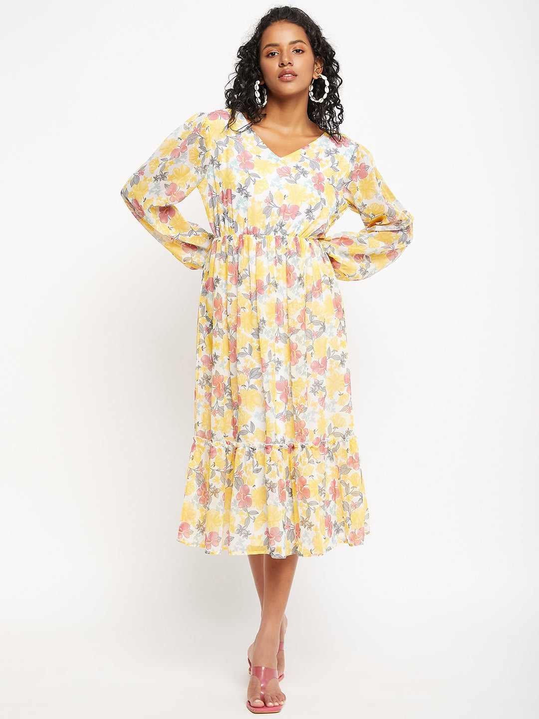 White & Yellow Floral Print Midi Dress