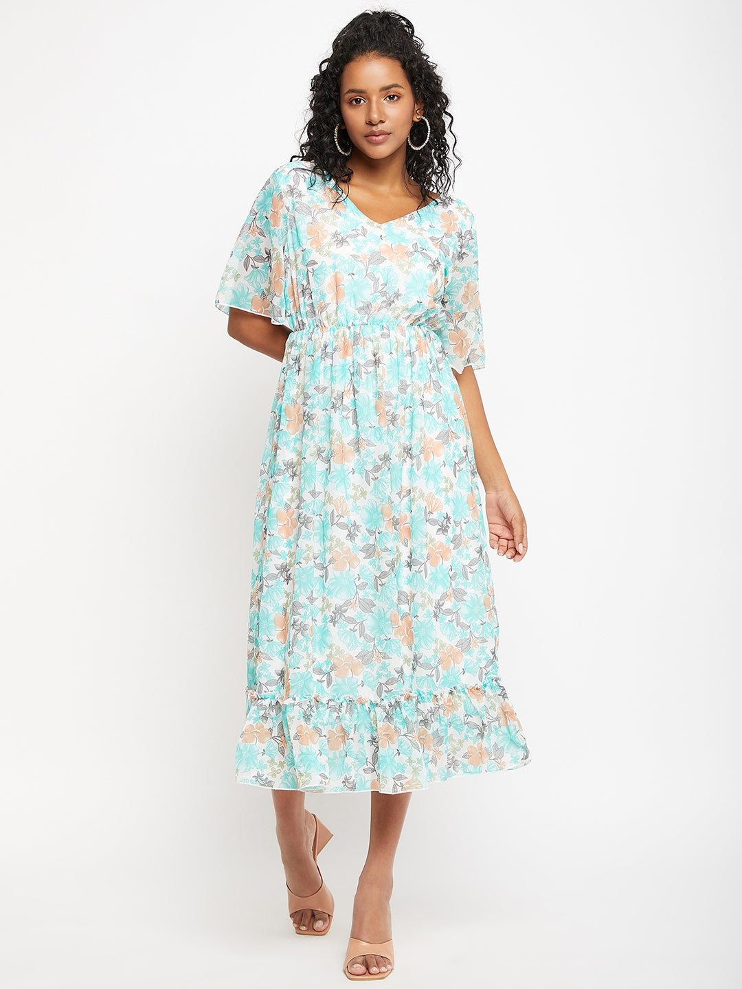 Floral Printed V-Neck Flared Sleeves Flounce Fit & Flare Midi Dress BITTERLIME Floral Printed V-Neck Flared Sleeves Flounce Fit & Flare Midi Dress BITTERLIME