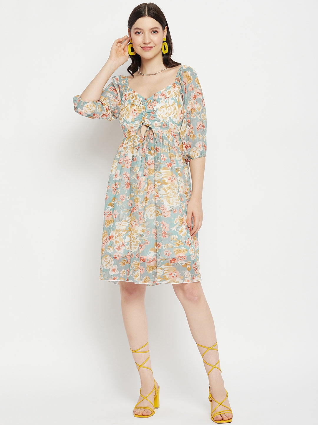 Floral Printed Puff Sleeves Cut-Out Detailed Ruched Fit & Flare Dress BITTERLIME Floral Printed Puff Sleeves Cut-Out Detailed Ruched Fit & Flare Dress BITTERLIME
