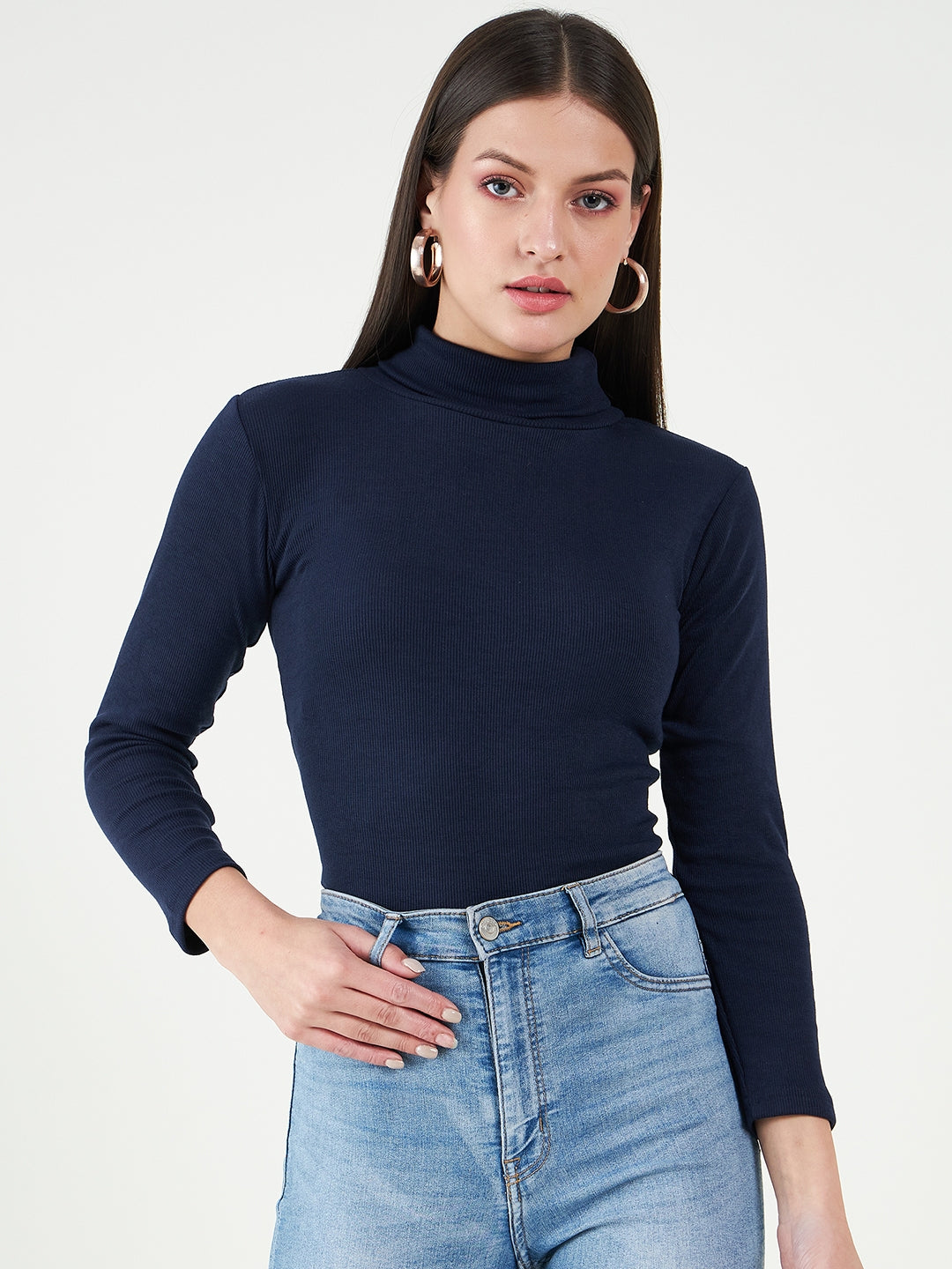 Navy Blue High Neck Cotton Fitted Top – BITTERLIME