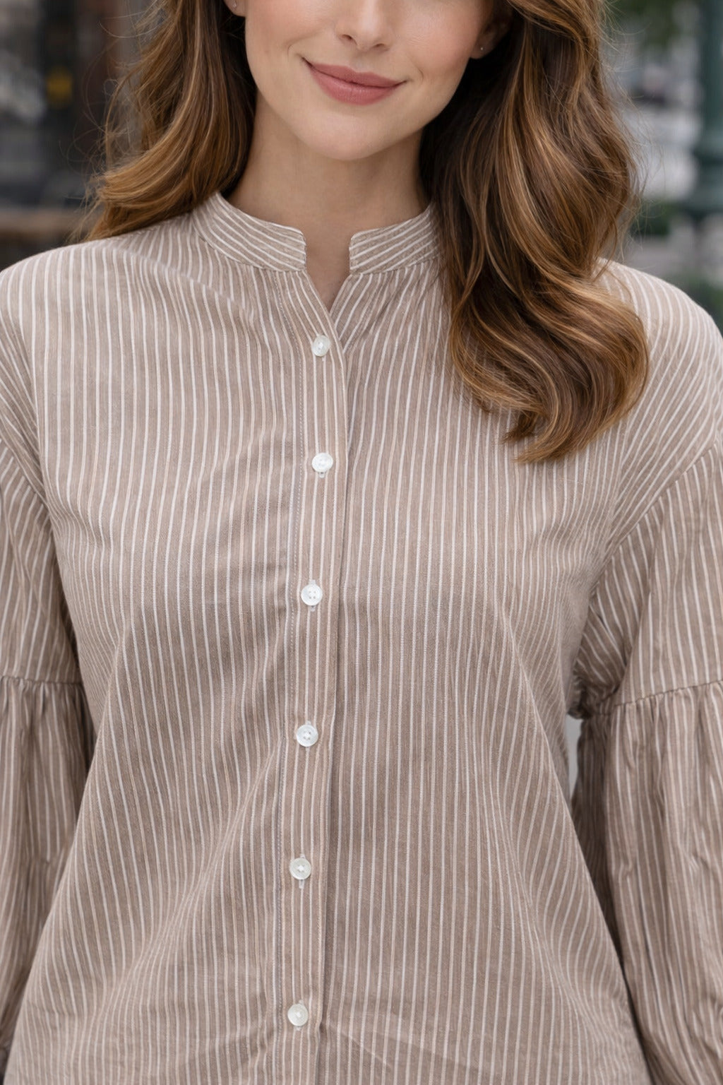 Women Brown Striped Mandarin Collar Puff Sleeve Casual Shirt