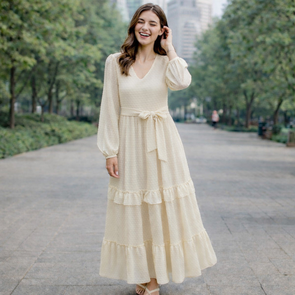 Women Cream Self-Design Tiered Maxi Dress