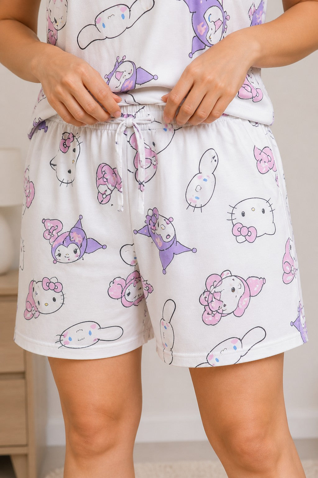 Women White & Purple Cartoon Printed Night Suit Set