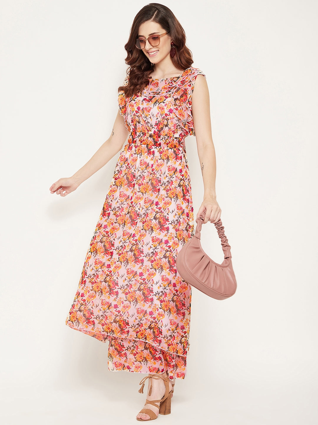 White Georgette Floral Printed Double Layered Maxi Dress