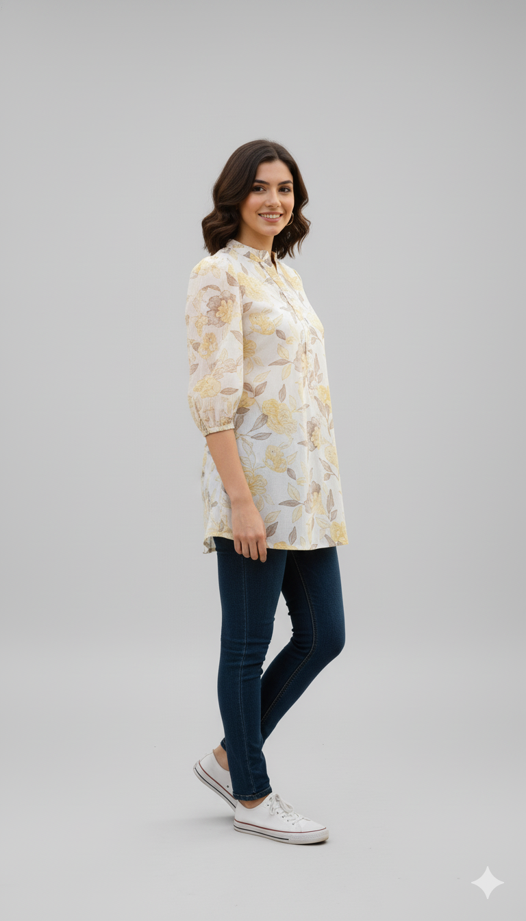 Women Floral Printed Mandarin Collar Puff Sleeve Top