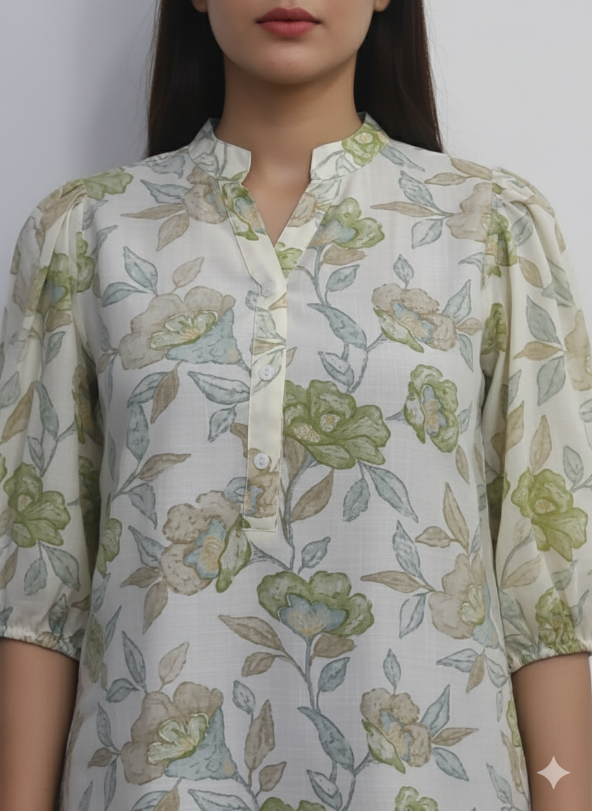 Women Floral Printed Mandarin Collar Puff Sleeve Top