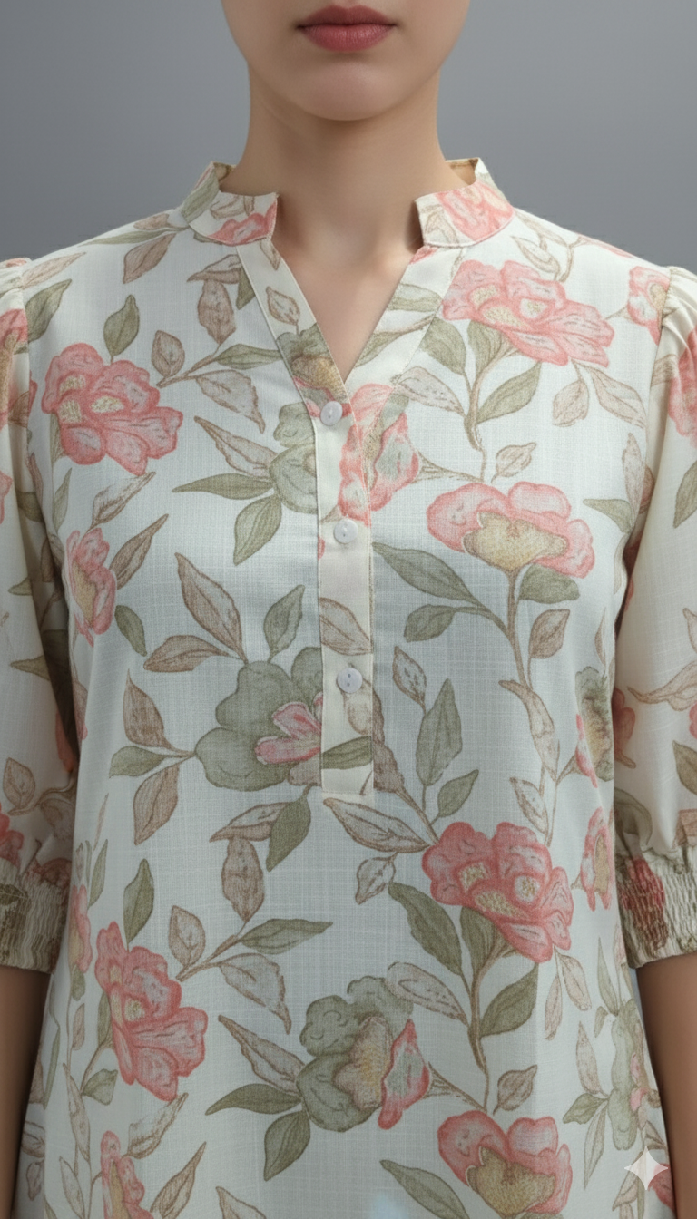 Women Floral Printed Mandarin Collar Puff Sleeve Top