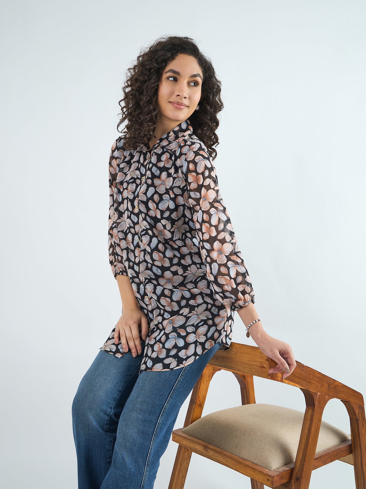 Women Floral Printed Shirt Collar Tunic