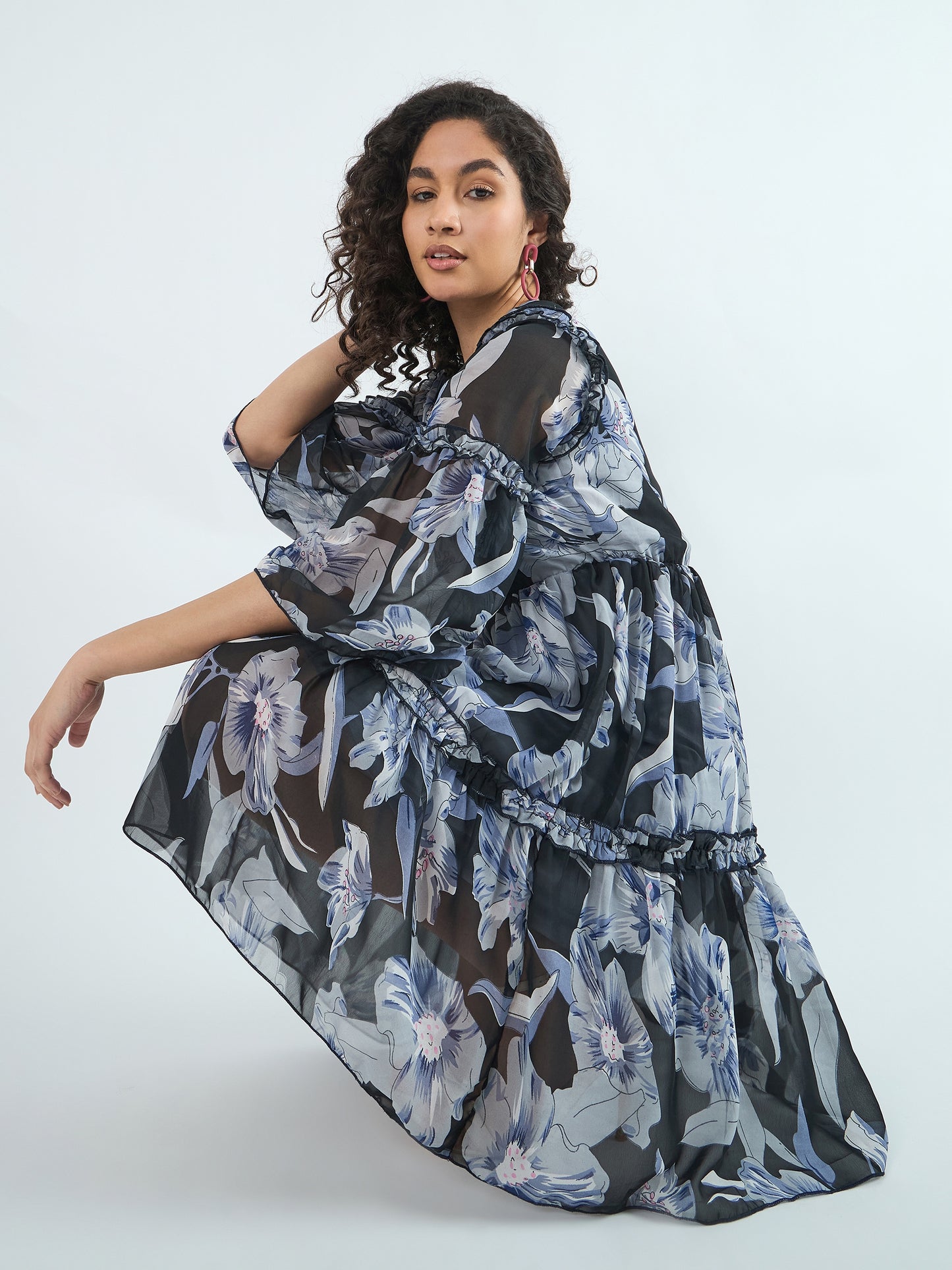 Black Floral Printed Bell Sleeves Ruffled Georgette Fit and Flare Tiered Dress