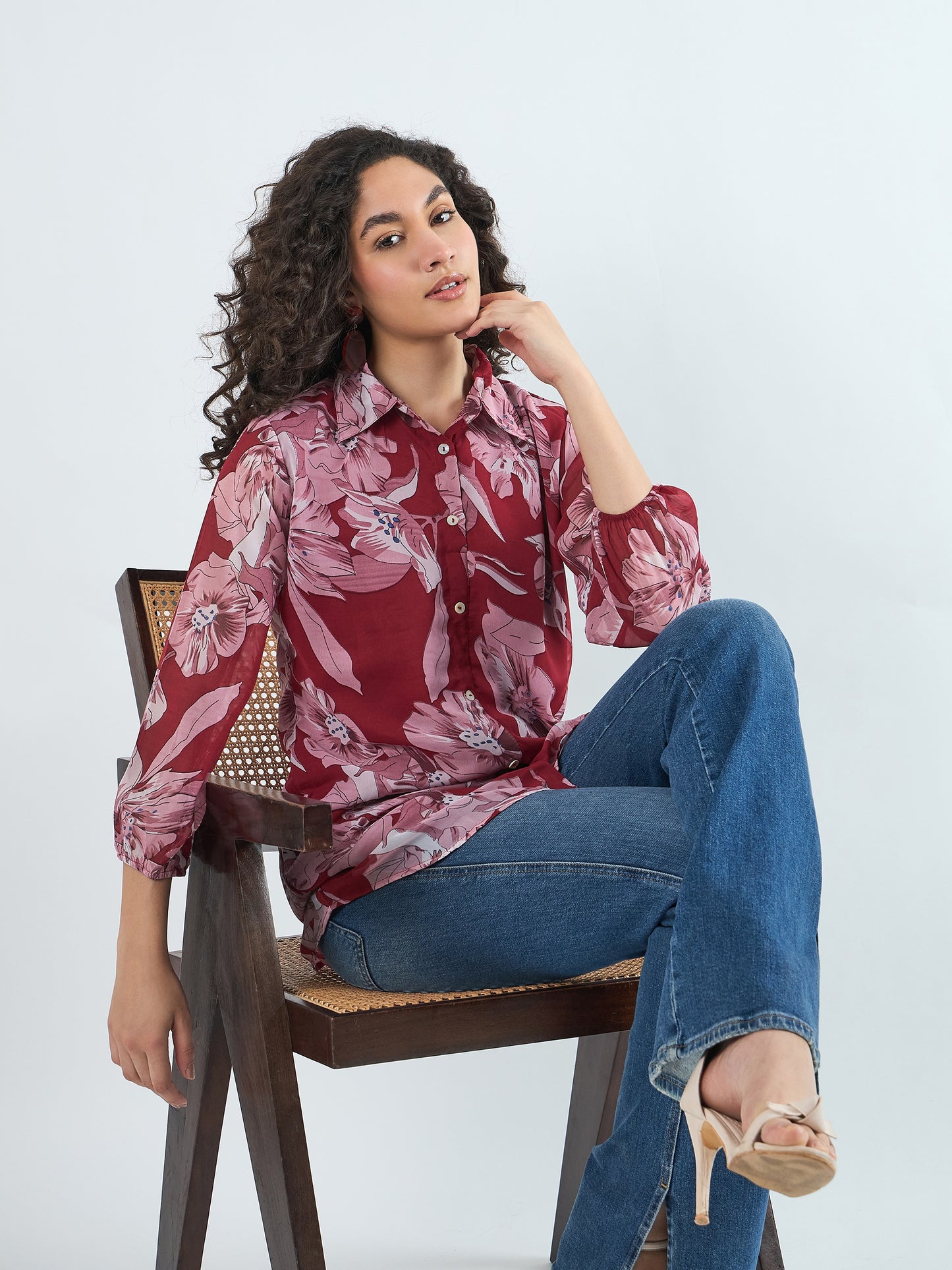 Women Floral Printed Shirt Collar Tunic