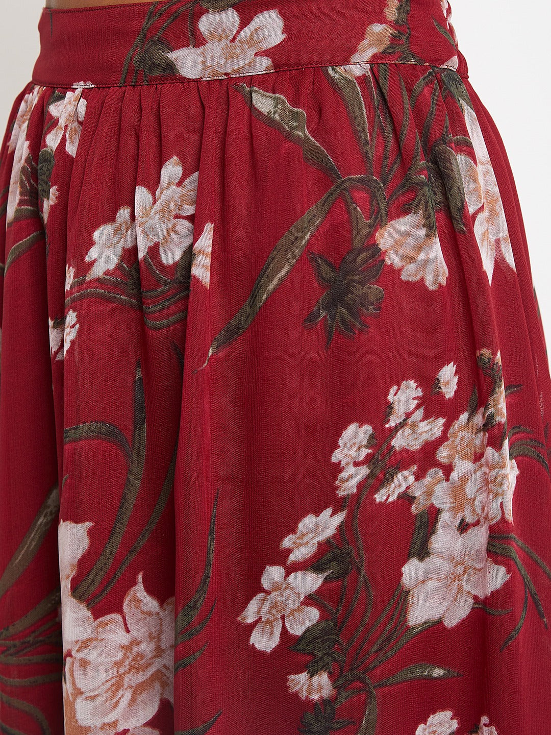 Floral Printed Tie-Up Maxi Flared Skirt