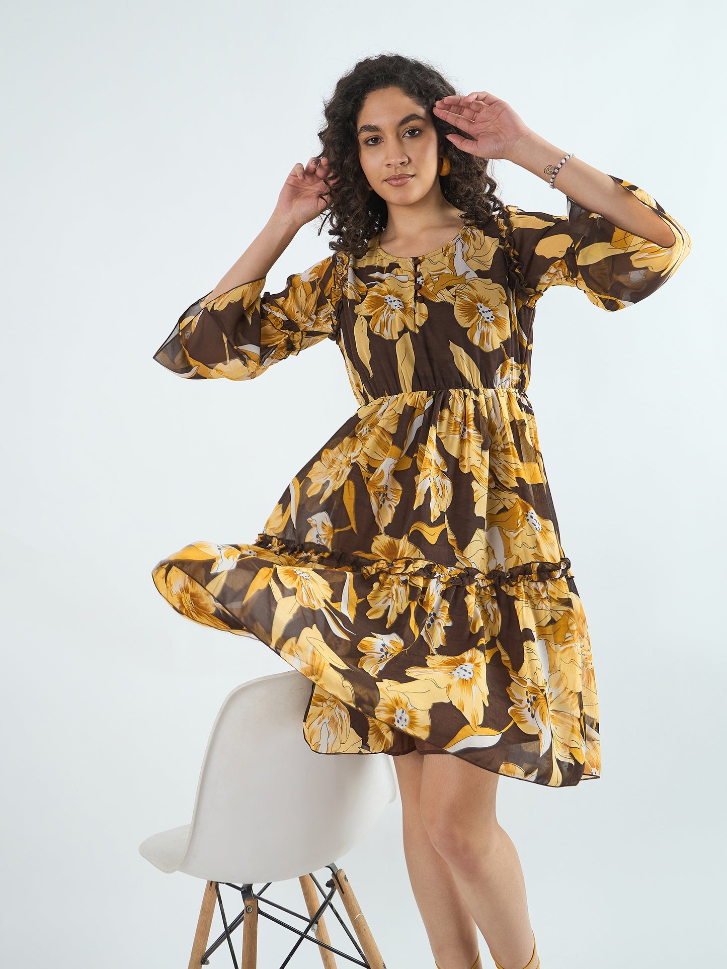 Mustard Floral Printed Bell Sleeves Ruffled Georgette Fit and Flare Tiered Dress