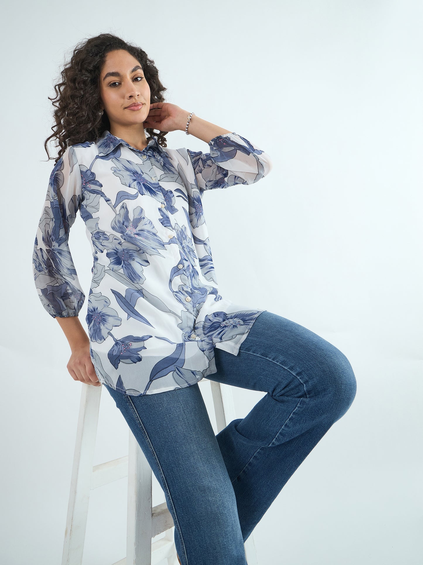 Women Floral Print Shirt Collar Tunic