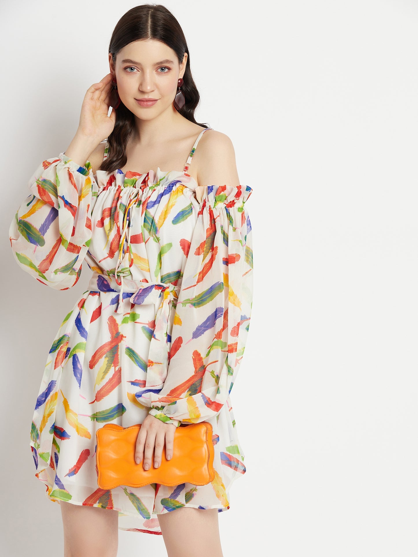 Conversational Printed Puff Sleeves A-Line Mini Dress