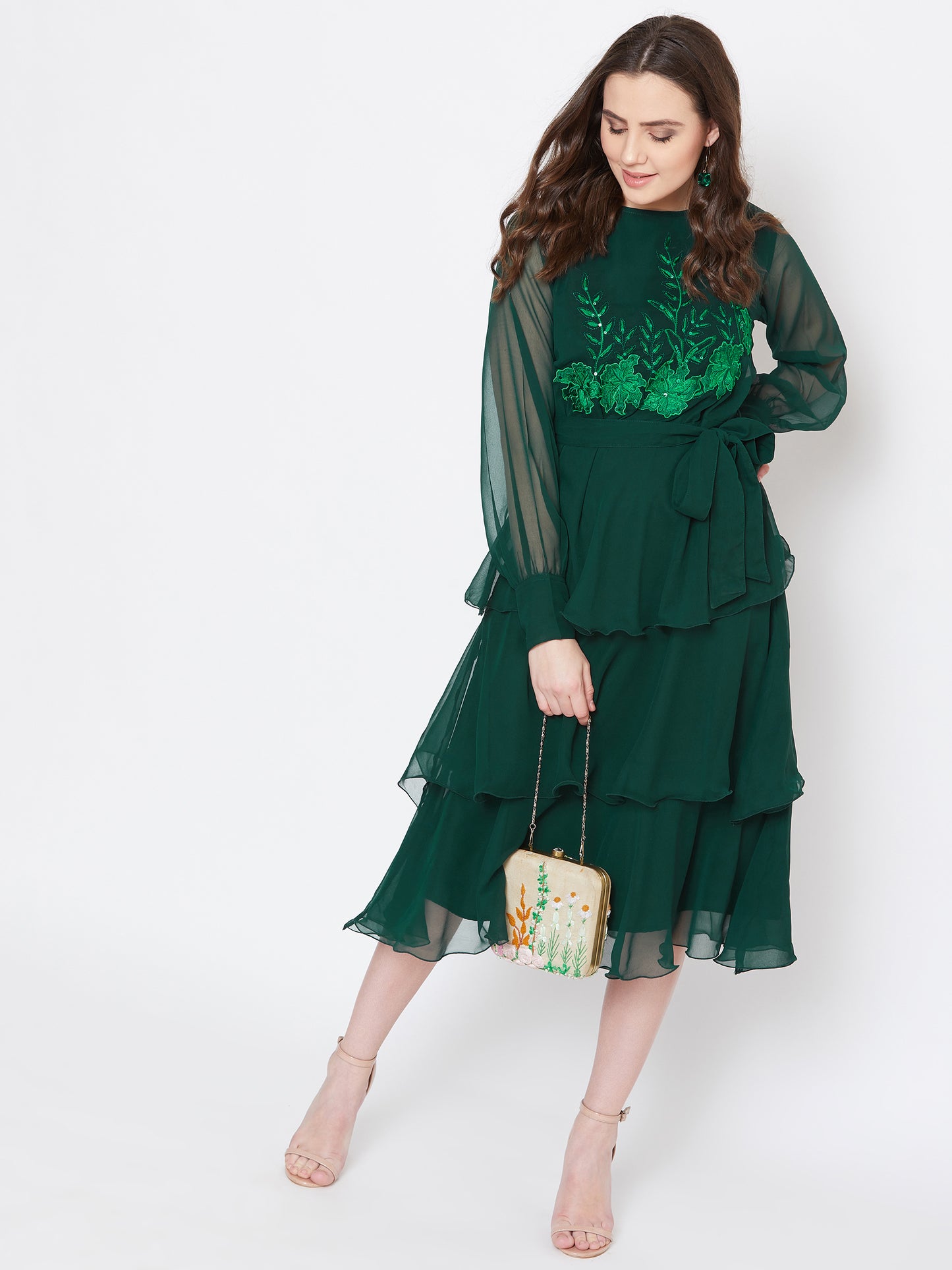 green hand embroidered dress