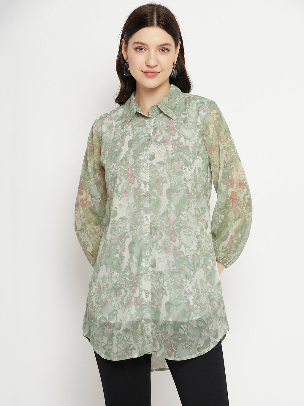 Casual Puff Sleeves Printed Women Green Top