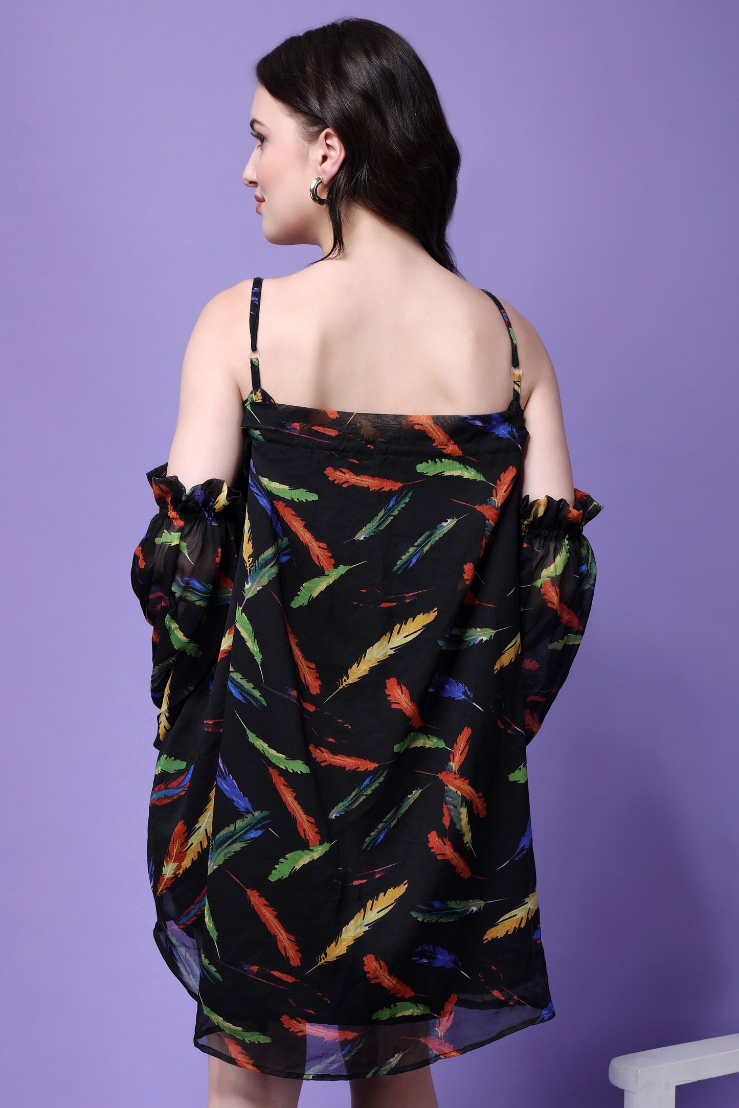 Tropical Print Puff Sleeves Georgette A-Line Dress