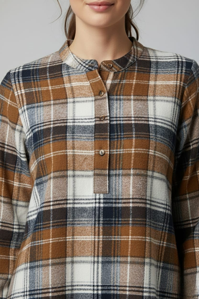 Women Flannel Checked Longline Tunic with Mandarin Collar