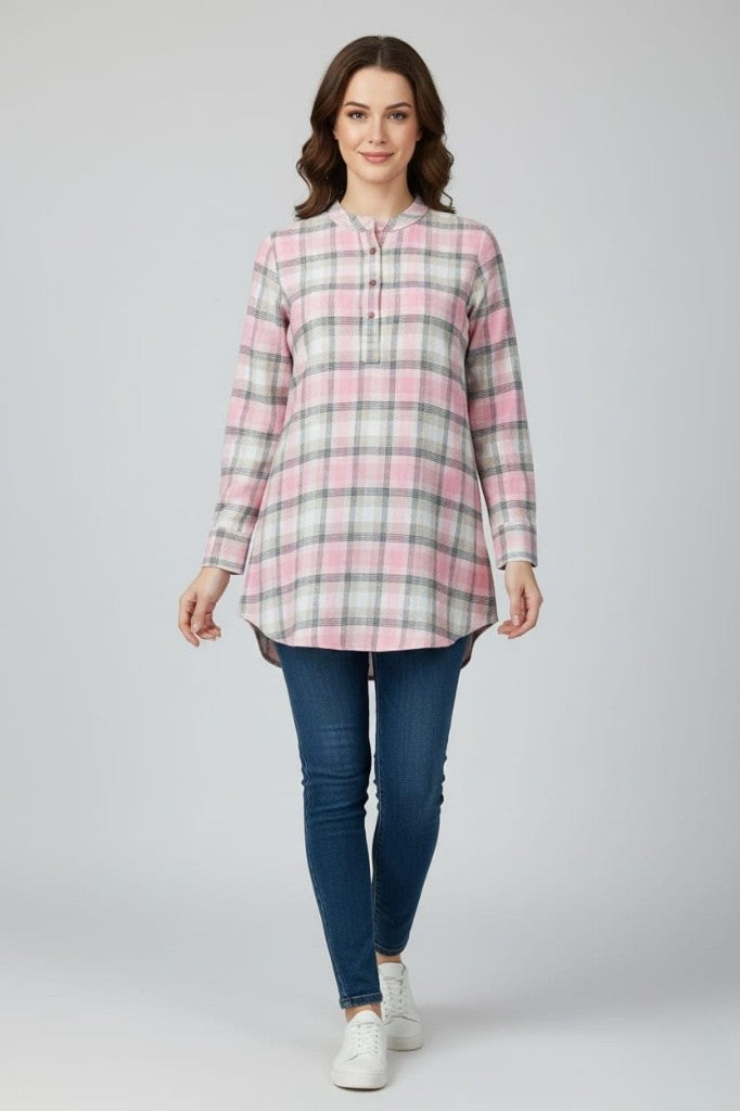 Women Flannel Checked Longline Tunic with Mandarin Collar