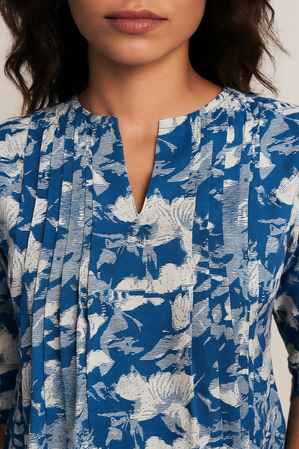 Blue & White Floral Printed Straight Tunic with Keyhole Neck
