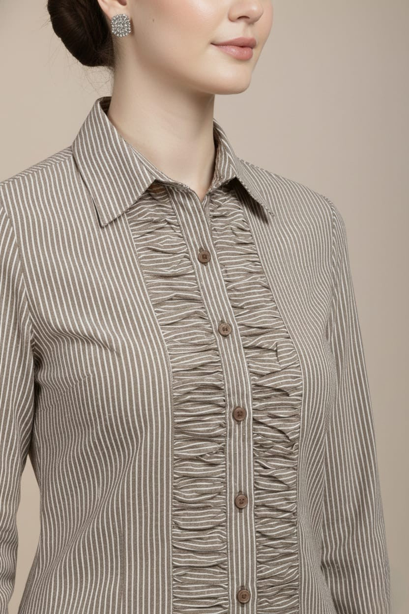 Women's Brown Cotton Stripe Ruffled Shirt