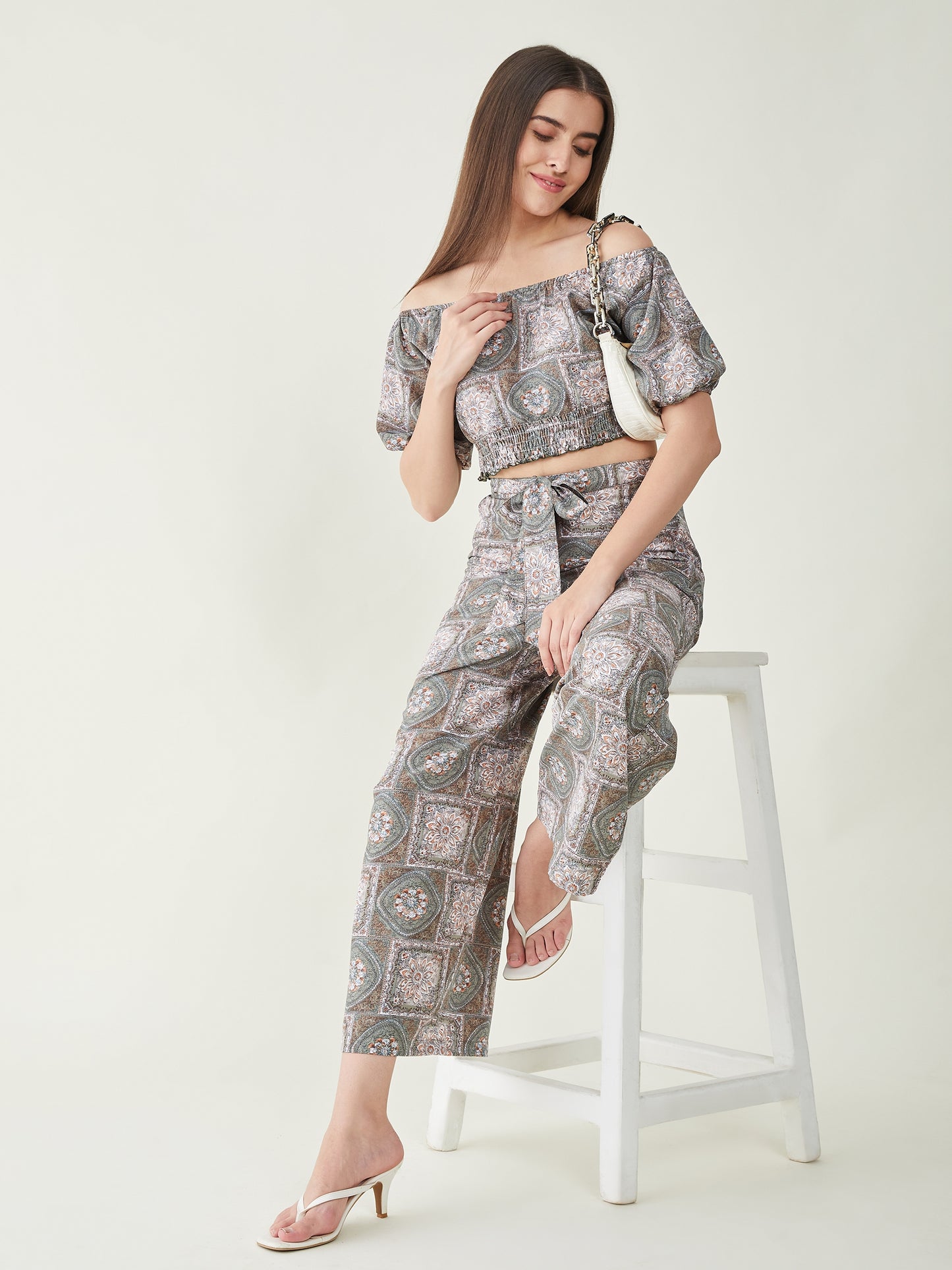 Printed Off Shoulder Top With Flared Palazzos