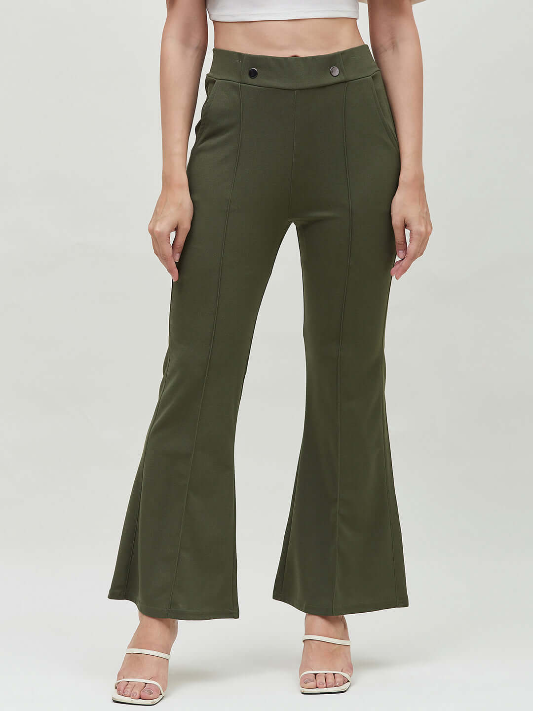 Olive Green Boot Cut Solid Trouser