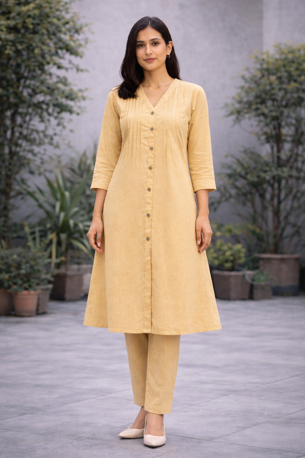 Women's Cotton Solid Pintuck Kurta Set