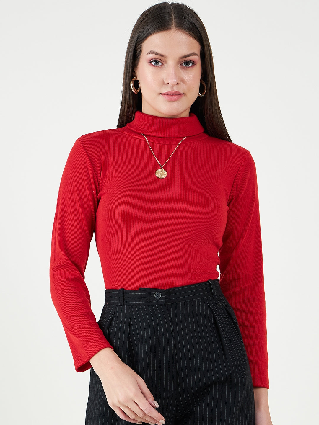 Red High Neck Fitted Top - Main Image