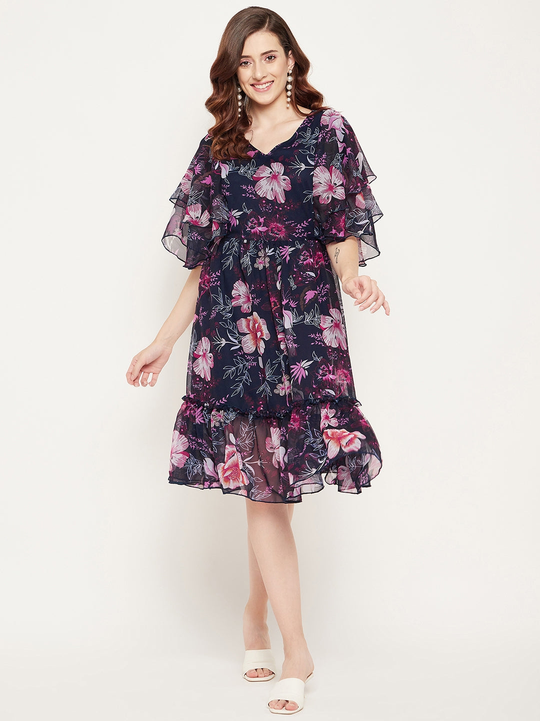 Navy Blue Pink Floral Georgette Dress