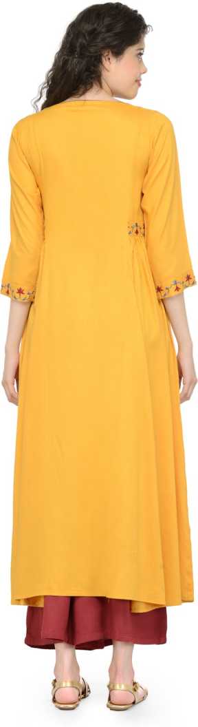 Women Embroidered Cotton Rayon Blend Anarkali Kurta (Yellow).