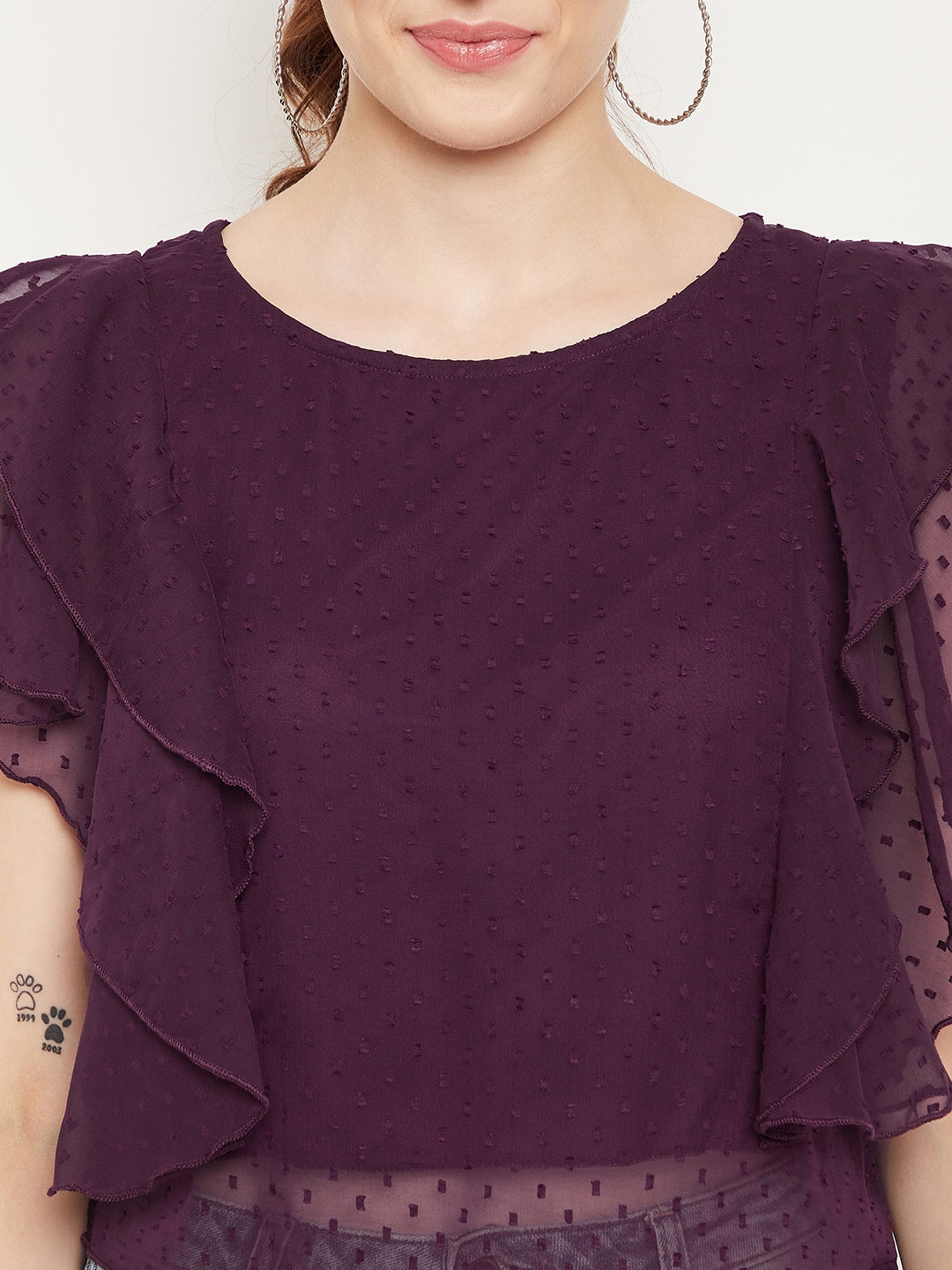 Women Purple Ruffles Round Neck Georgette Top