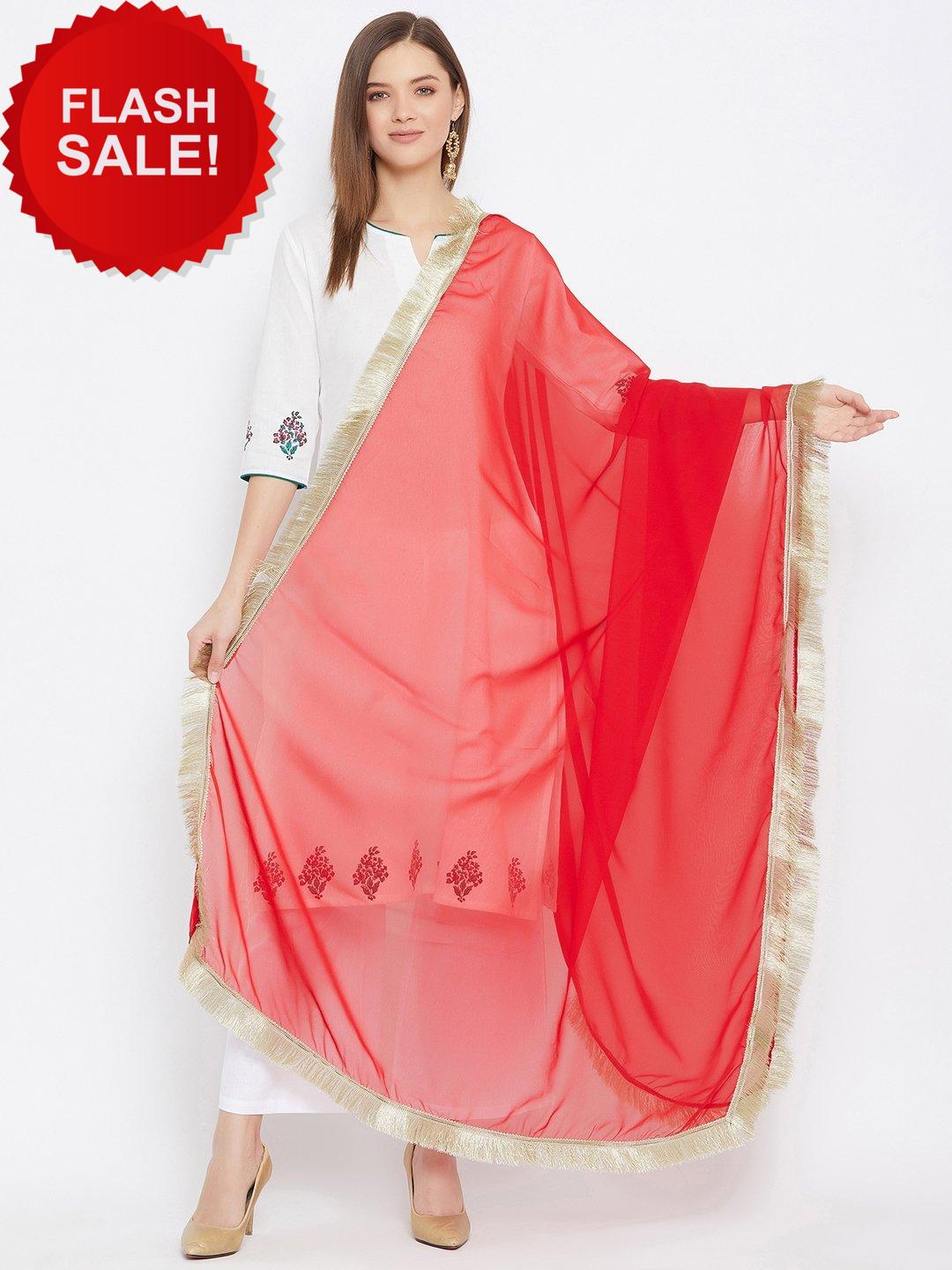 Embellished Fringe Border Red Dupatta.