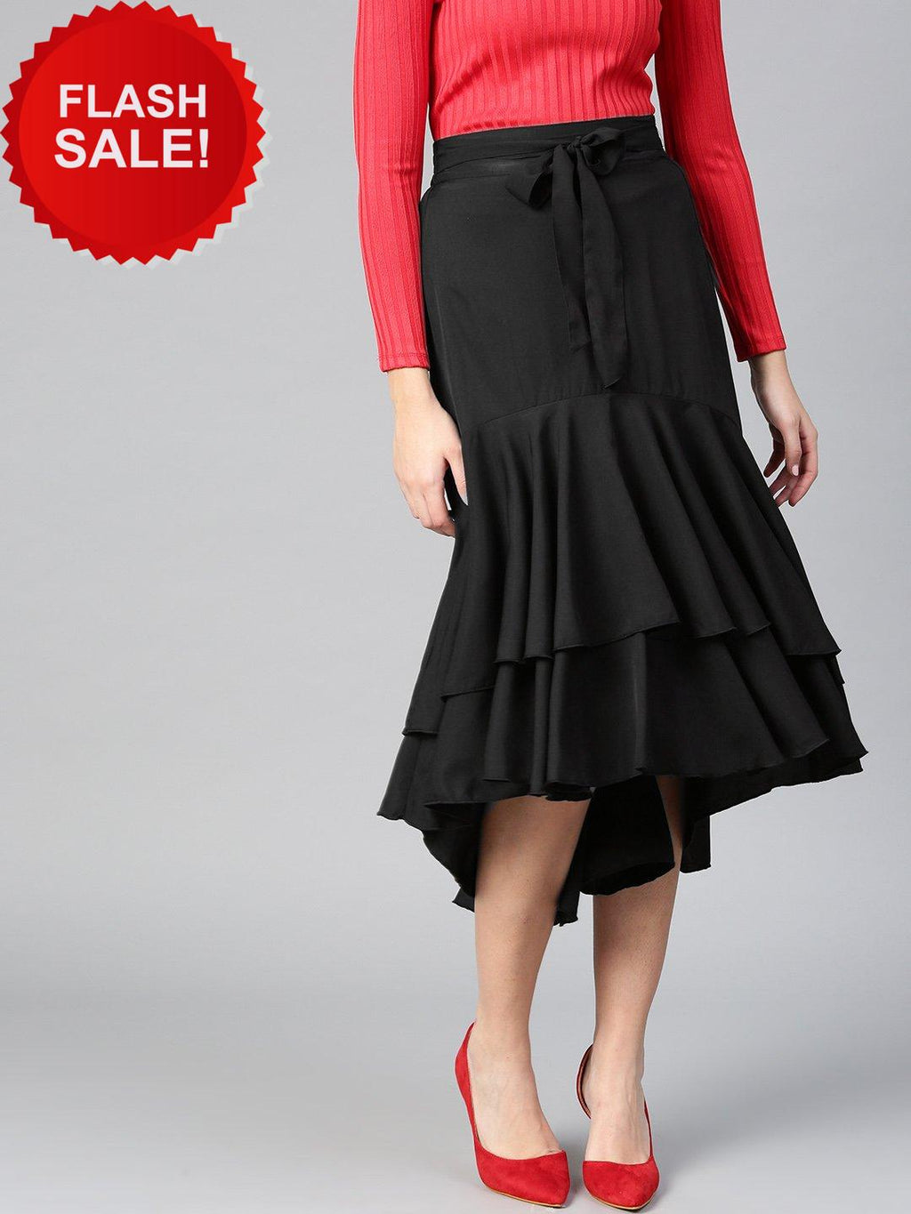 Black Crepe Long Ruffle High Low Skirt (Sku- BLMG12805).