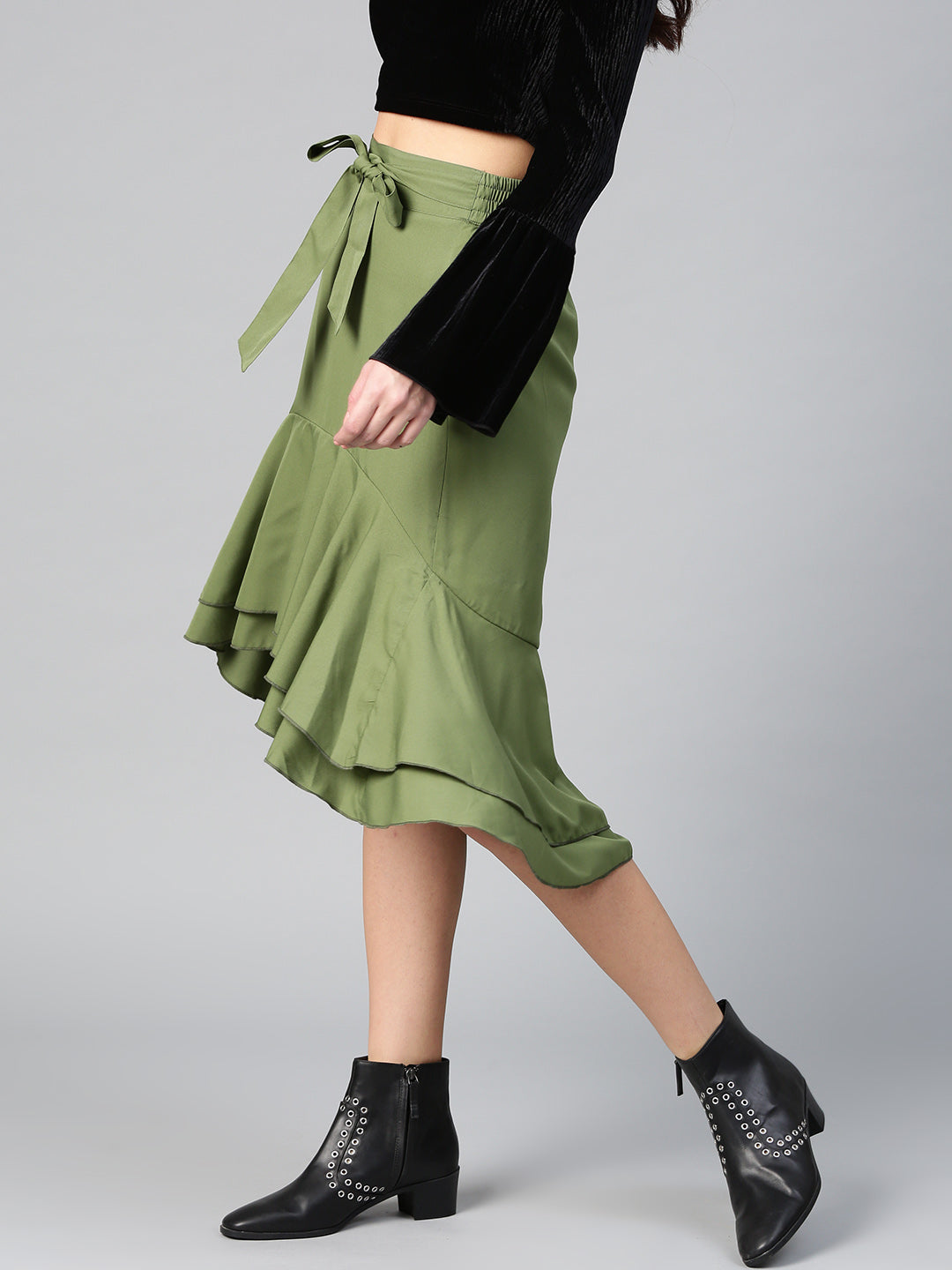 Olive Ruffled High Low Skirt (Sku-BLMG12807).
