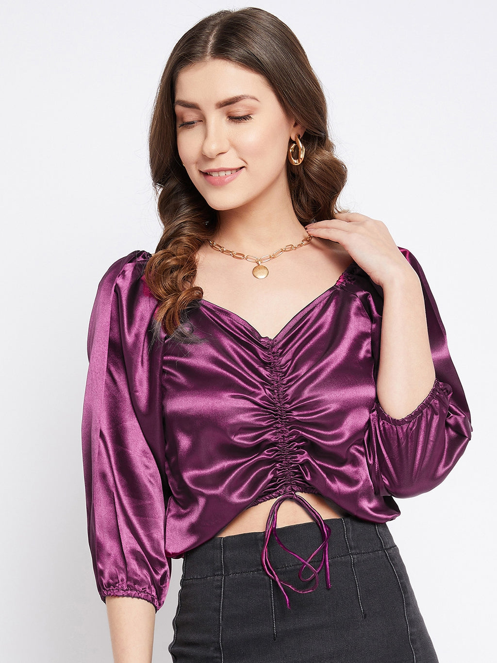 Purple Colour Solid Sateen Drawstring Ruchied Top