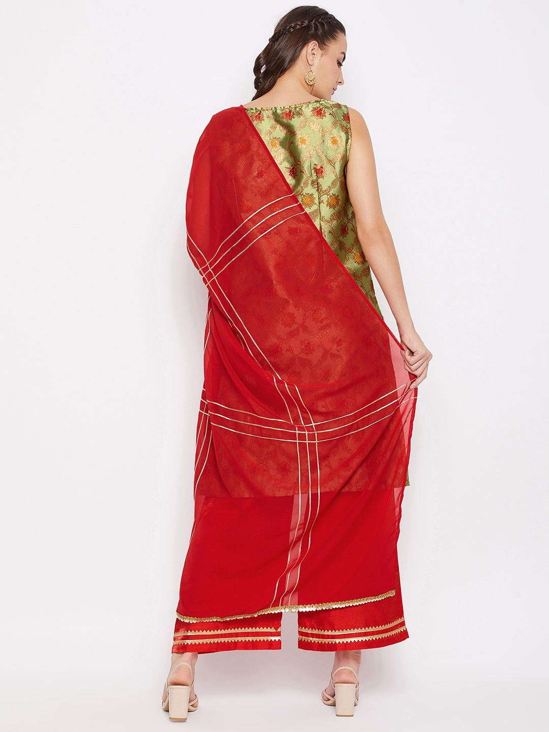 Green Raw Silk Kurta Pallazo & Dupatta Set