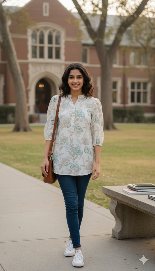 Women Floral Printed Mandarin Collar Puff Sleeve Top