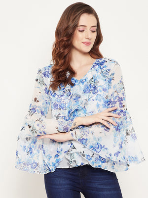 Women White & Blue Floral Print Georgette Top