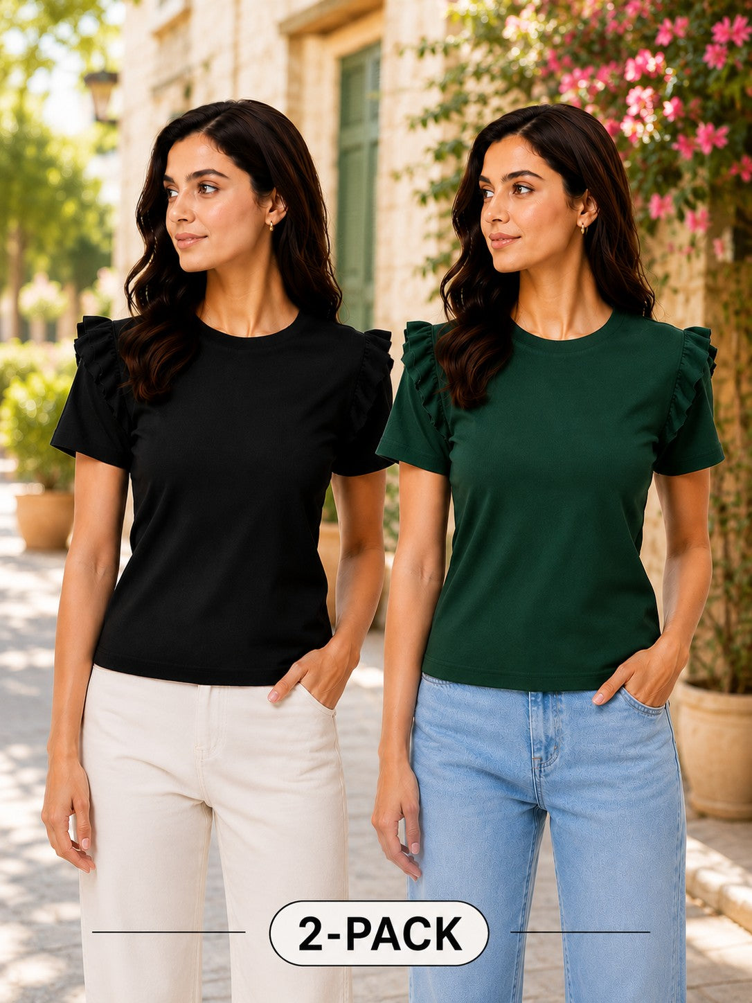 Black & Bottle Green Cotton Crop Top Combo