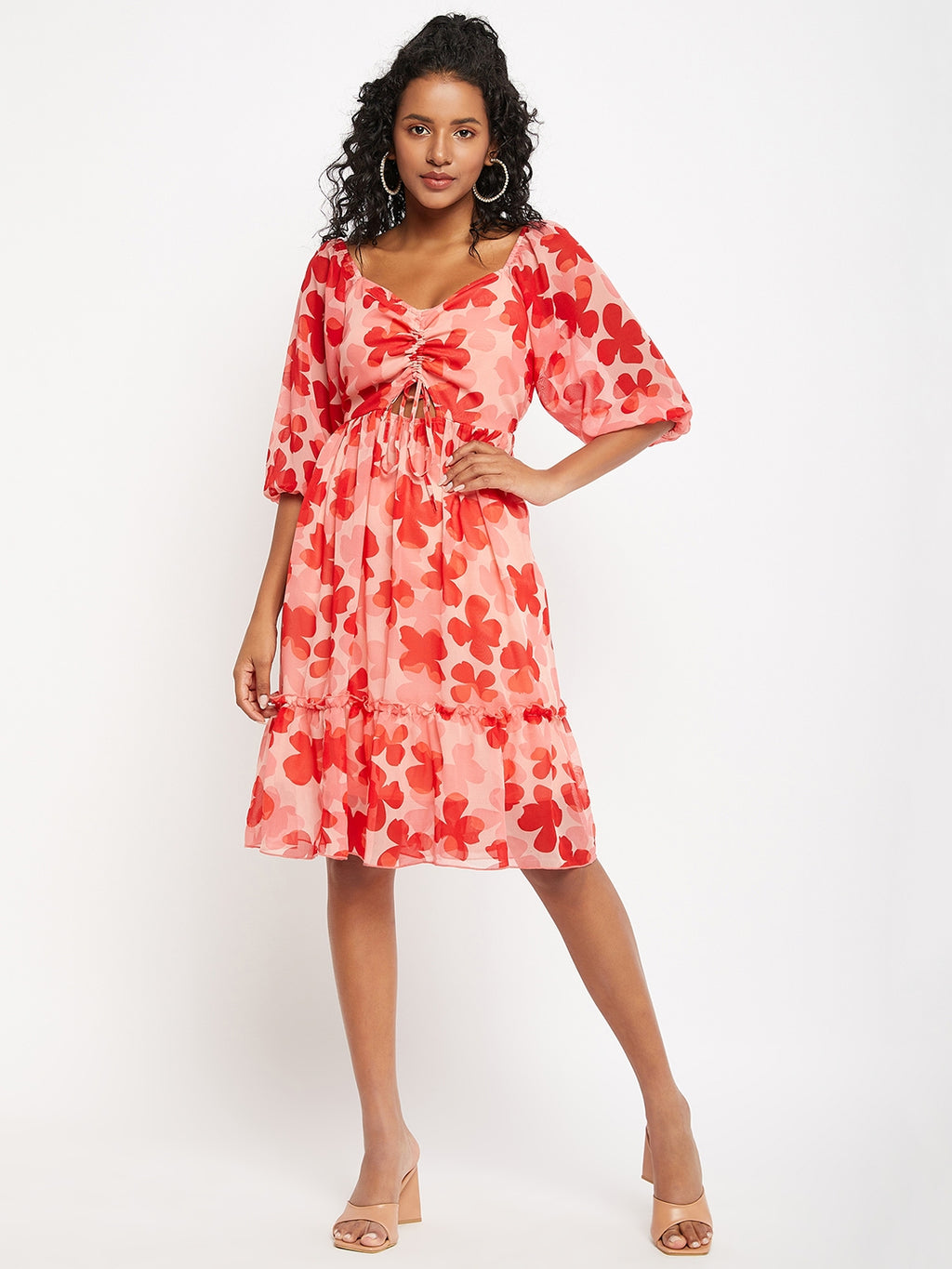 Floral Printed Puff Sleeves Cut-Out Detailed Ruched Fit & Flare Dress