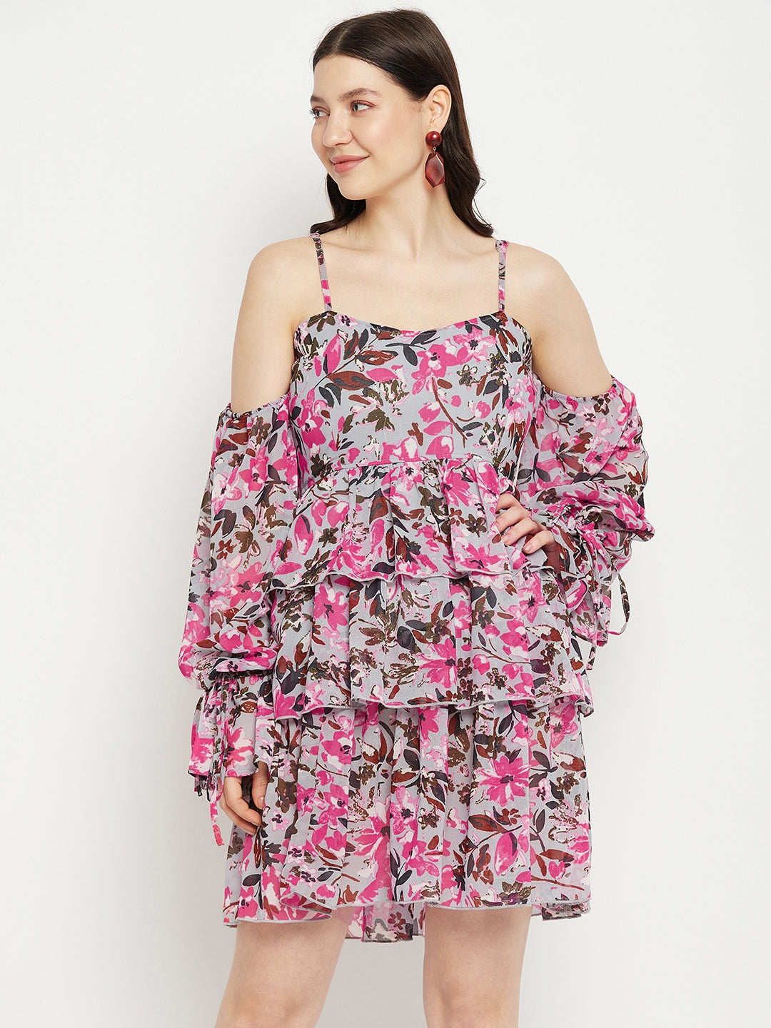 Grey Floral Print Cold-Shoulder Layered Georgette A-Line Dress