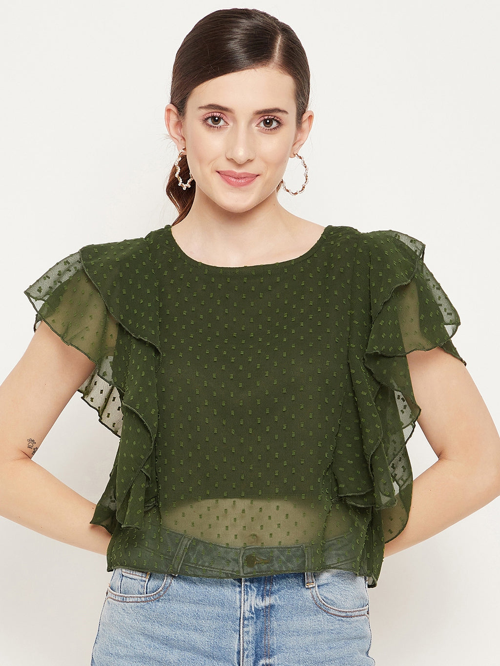 Women Olive Green Self Design Ruffles Georgette Top