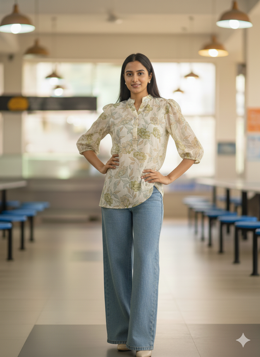 Women Floral Printed Mandarin Collar Puff Sleeve Top