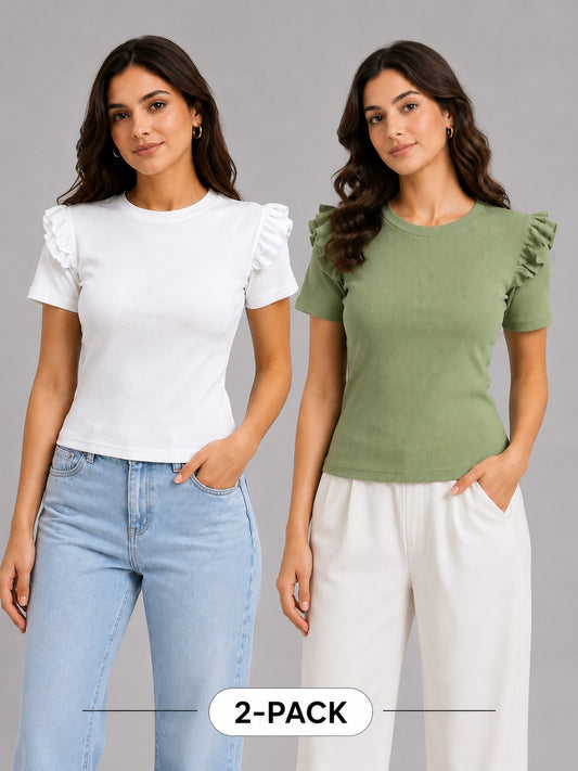 White & Pista Green Cotton Crop Top Combo