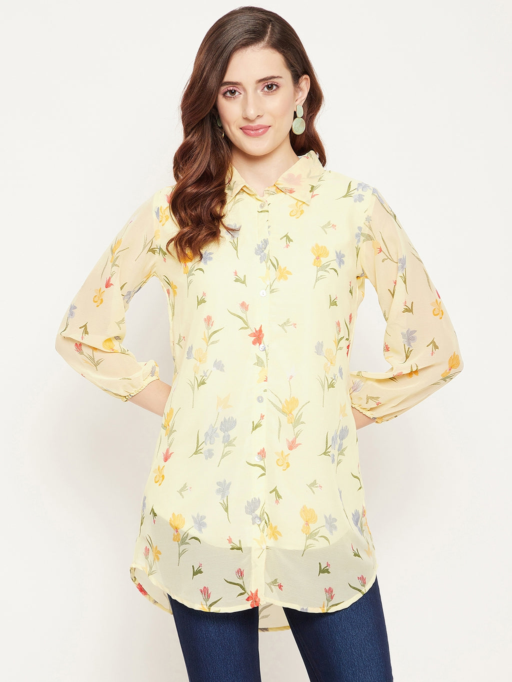 Yellow & Red Shirt Collar Printed Tunic