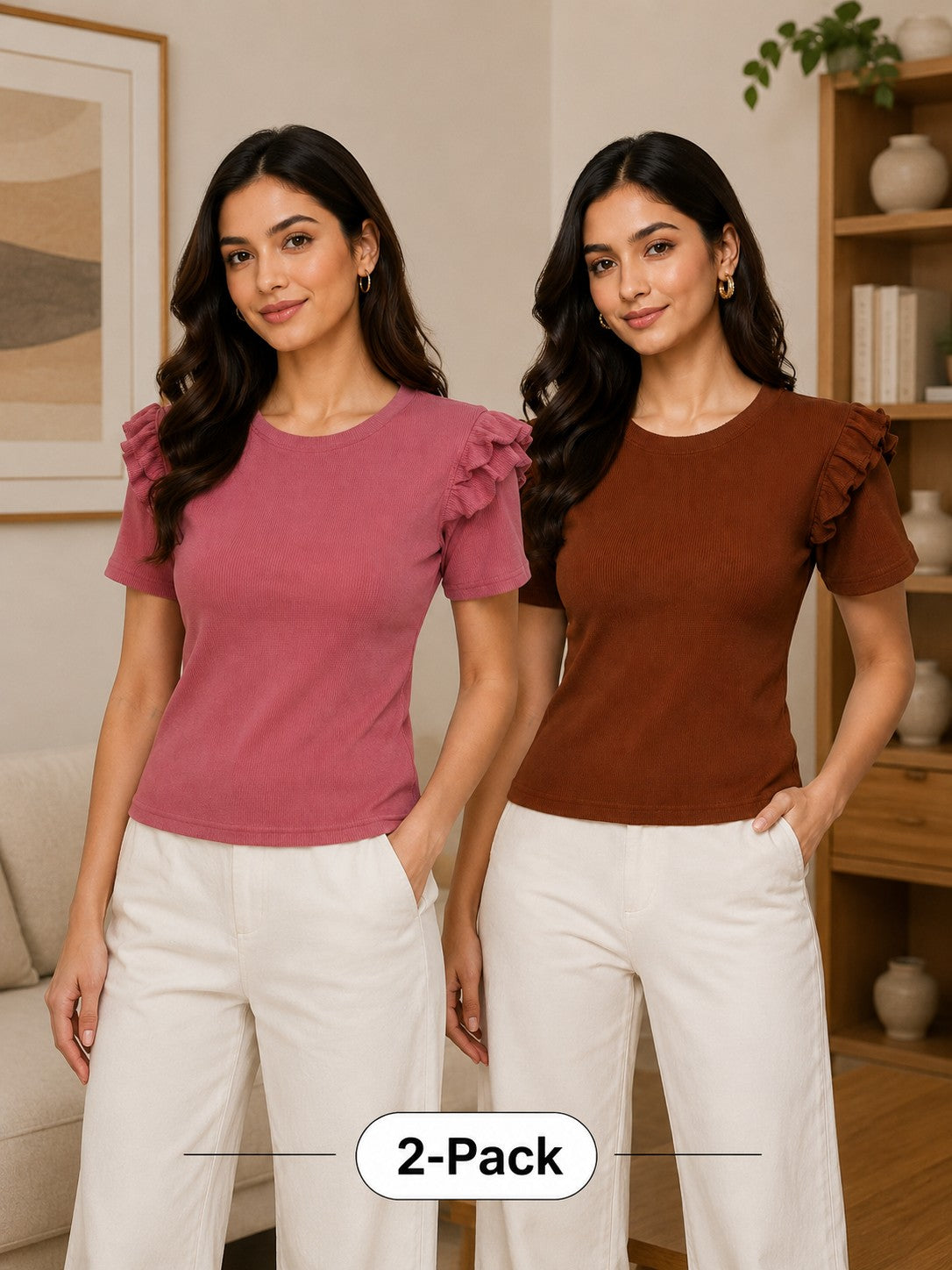 Rose Pink & Brown Cotton Crop Top Combo